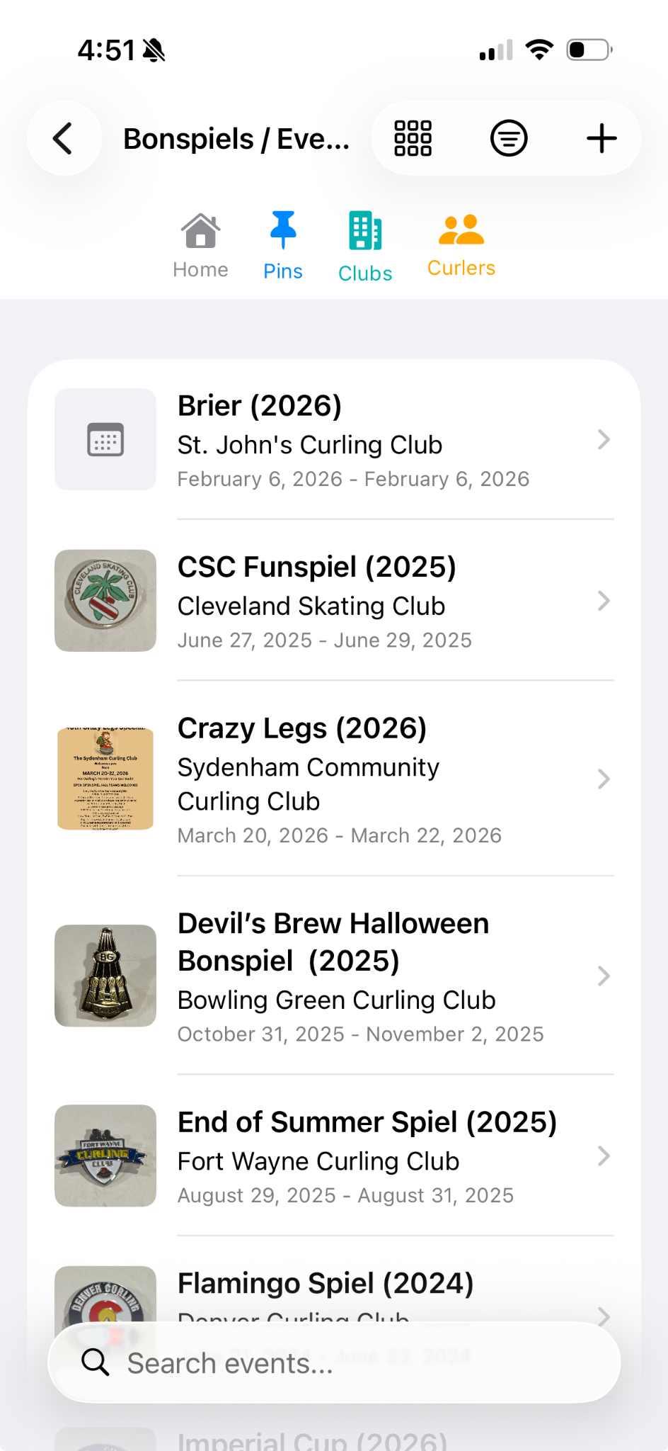 Bonspiels list screen