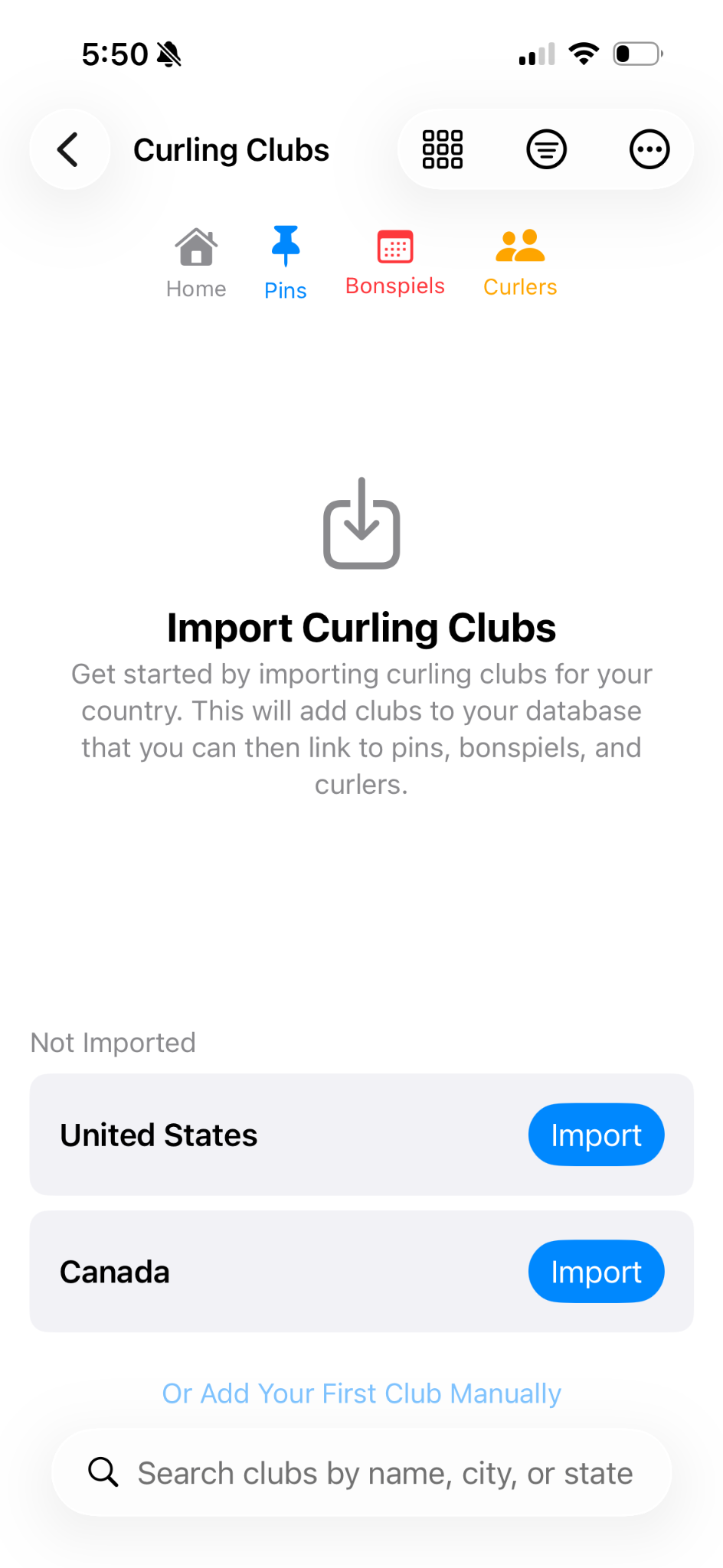 Import Curling Clubs screen