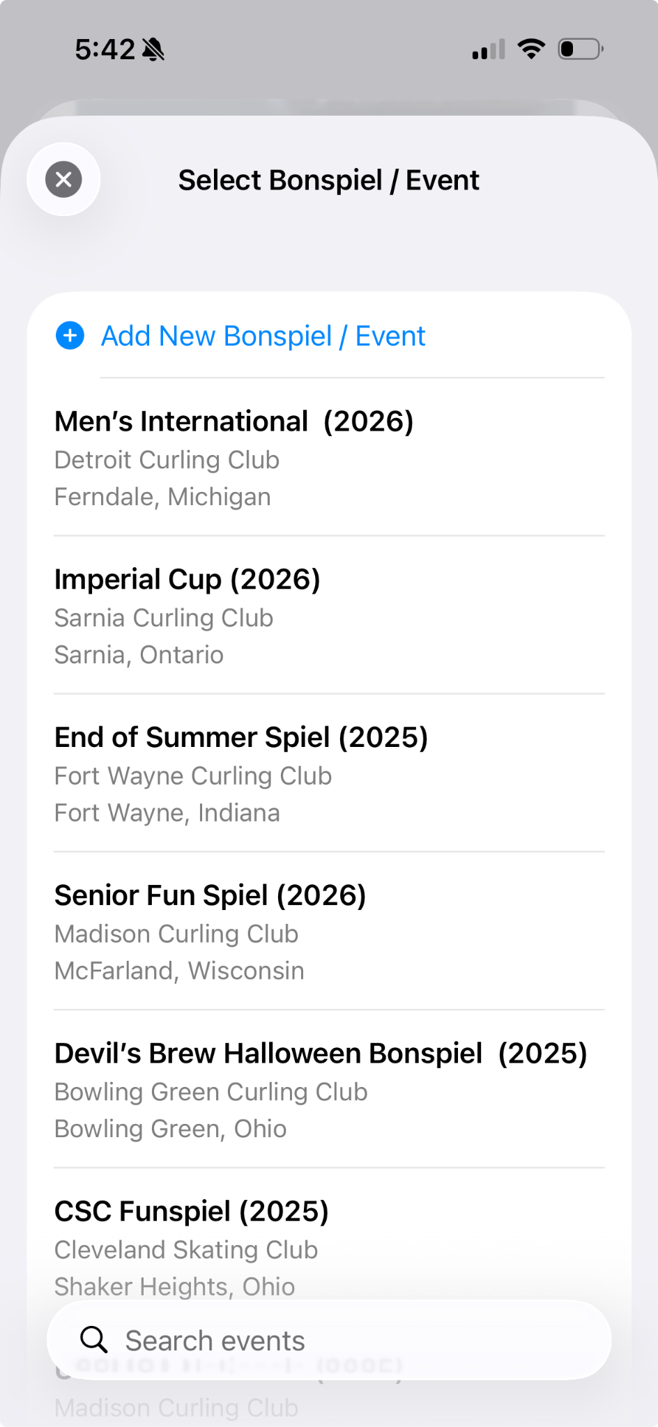 Select Bonspiel modal